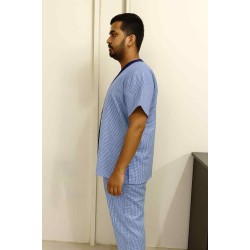 Hangerage Unisex Patient Kurta Pajama Set | Blue Cotton Checkered Hospital Wear for Men & Women | Comfortable & Breathable Medical Clothing with Front Button Closure | Free Size
