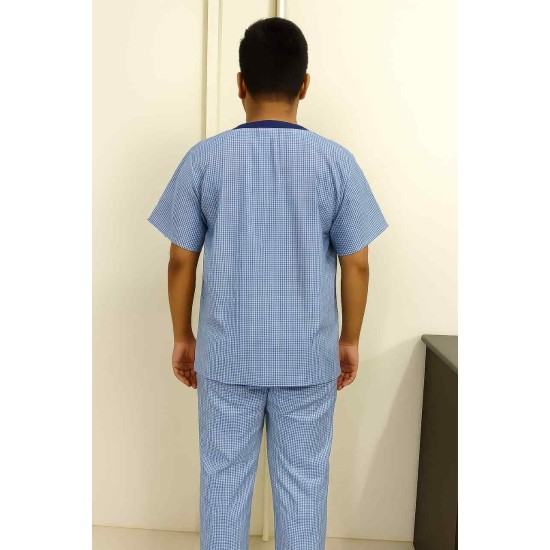 Hangerage Unisex Patient Kurta Pajama Set | Blue Cotton Checkered Hospital Wear for Men & Women | Comfortable & Breathable Medical Clothing with Front Button Closure | Free Size