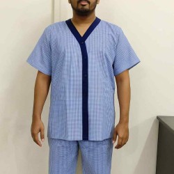 Hangerage Unisex Patient Kurta Pajama Set | Blue Cotton Checkered Hospital Wear for Men & Women | Comfortable & Breathable Medical Clothing with Front Button Closure | Free Size