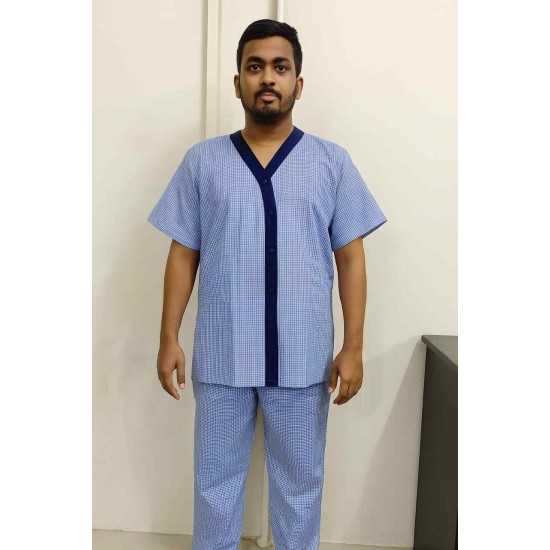 Hangerage Unisex Patient Kurta Pajama Set | Blue Cotton Checkered Hospital Wear for Men & Women | Comfortable & Breathable Medical Clothing with Front Button Closure | Free Size