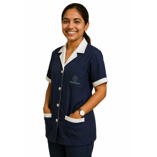 Hangerage Navy Staff Apron | Unisex_3-Pocket Apron | Half Sleeves | V Neck | style with White collar | Comfortable | Durable | Uniform for Medical Professionals (Staff & Nursing)