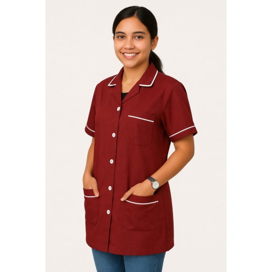 Hangerage Maroon Staff Apron | Unisex_3-Pocket Apron | Half Sleeves | V Neck | style with White Pipine | Comfortable | Durable | Uniform for Medical Professionals (Staff & Nursing)