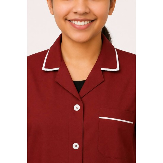 Hangerage Maroon Staff Apron | Unisex_3-Pocket Apron | Half Sleeves | V Neck | style with White Pipine | Comfortable | Durable | Uniform for Medical Professionals (Staff & Nursing)
