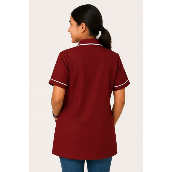 Hangerage Maroon Staff Apron | Unisex_3-Pocket Apron | Half Sleeves | V Neck | style with White Pipine | Comfortable | Durable | Uniform for Medical Professionals (Staff & Nursing)