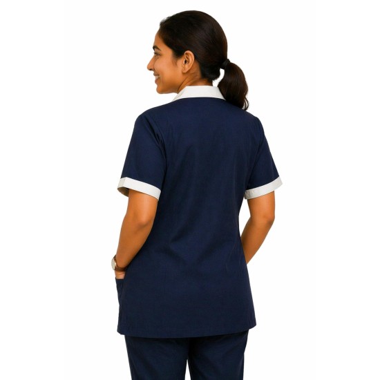 Hangerage Navy Staff Apron | Unisex_3-Pocket Apron | Half Sleeves | V Neck | style with White collar | Comfortable | Durable | Uniform for Medical Professionals (Staff & Nursing)