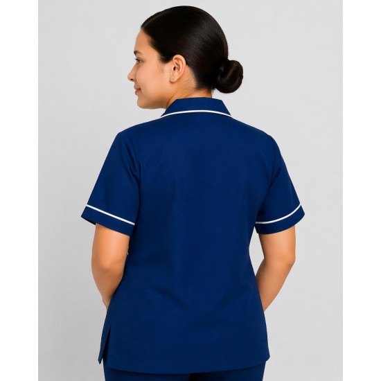 Hangerage Royal Blue Staff Apron | Unisex_3-Pocket Apron | Half Sleeves | V Neck | style with White Pipine | Comfortable | Durable | Uniform for Medical Professionals (Staff & Nursing)