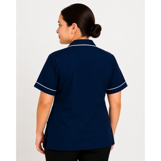 Hangerage Navy Blue Staff Apron | Unisex_3-Pocket Apron | Half Sleeves | V Neck | style with White Pipine | Comfortable | Durable | Uniform for Medical Professionals (Staff & Nursing)