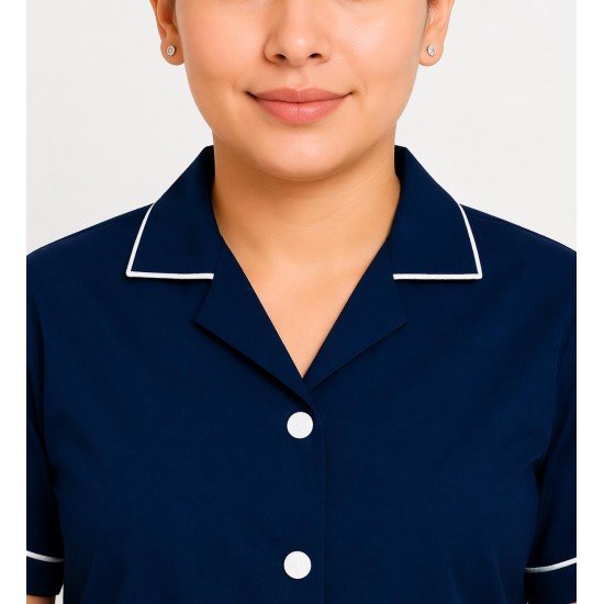 Hangerage Navy Blue Staff Apron | Unisex_3-Pocket Apron | Half Sleeves | V Neck | style with White Pipine | Comfortable | Durable | Uniform for Medical Professionals (Staff & Nursing)