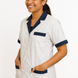 Hangerage White Staff Apron | Unisex_3-Pocket Apron | Half Sleeves | V Neck | style with Navy Blue collar | Comfortable | Durable | Uniform for Medical Professionals (Staff & Nursing)