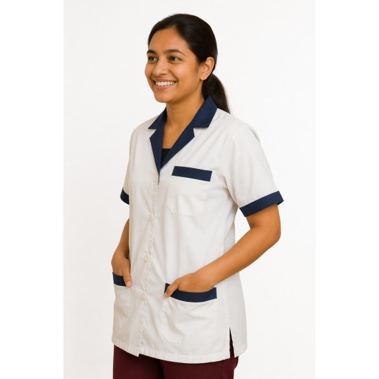 Hangerage White Staff Apron | Unisex_3-Pocket Apron | Half Sleeves | V Neck | style with Navy Blue collar | Comfortable | Durable | Uniform for Medical Professionals (Staff & Nursing)