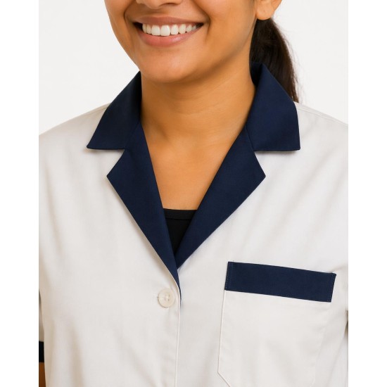 Hangerage White Staff Apron | Unisex_3-Pocket Apron | Half Sleeves | V Neck | style with Navy Blue collar | Comfortable | Durable | Uniform for Medical Professionals (Staff & Nursing)