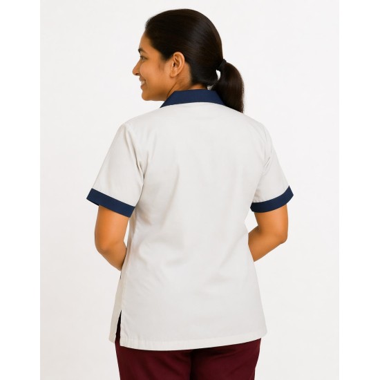 Hangerage White Staff Apron | Unisex_3-Pocket Apron | Half Sleeves | V Neck | style with Navy Blue collar | Comfortable | Durable | Uniform for Medical Professionals (Staff & Nursing)