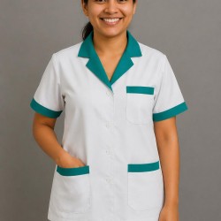 Hangerage White Staff Apron | Unisex_3-Pocket Apron | Half Sleeves | V Neck | style with Green collar | Comfortable | Durable | Uniform for Medical Professionals (Staff & Nursing)