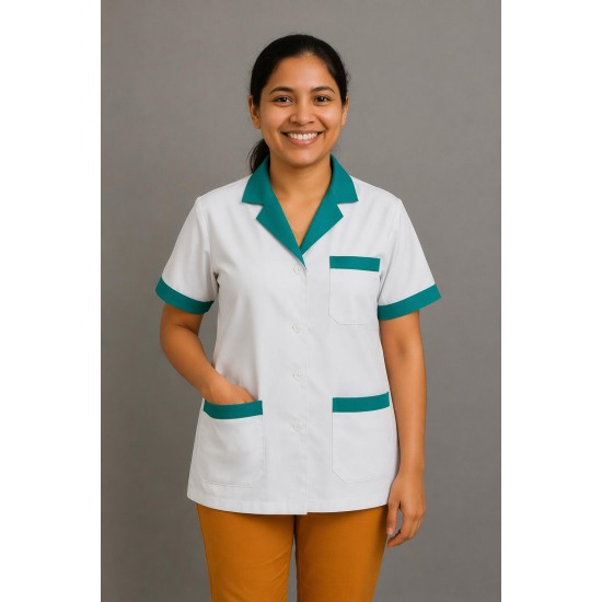 Hangerage White Staff Apron | Unisex_3-Pocket Apron | Half Sleeves | V Neck | style with Green collar | Comfortable | Durable | Uniform for Medical Professionals (Staff & Nursing)