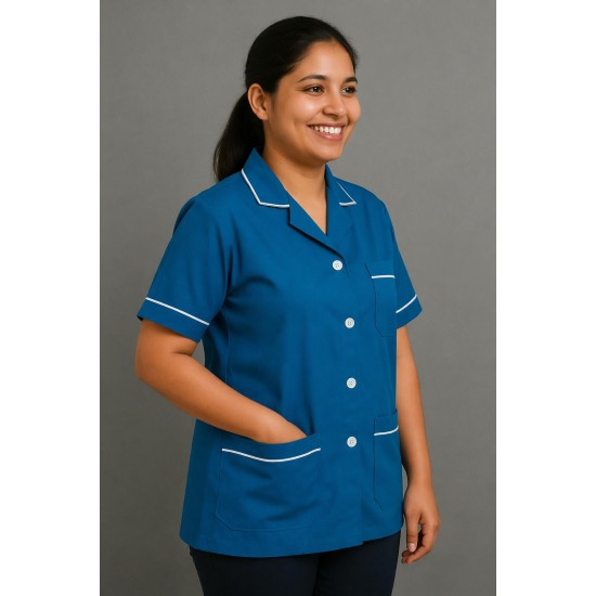 Hangerage Sky Blue Staff Apron | Unisex_3-Pocket Apron | Half Sleeves | V Neck | style with White Pipine | Comfortable | Durable | Uniform for Medical Professionals (Staff & Nursing)