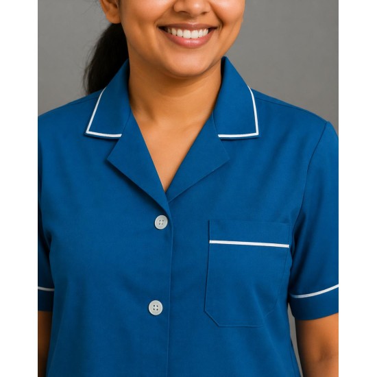 Hangerage Sky Blue Staff Apron | Unisex_3-Pocket Apron | Half Sleeves | V Neck | style with White Pipine | Comfortable | Durable | Uniform for Medical Professionals (Staff & Nursing)