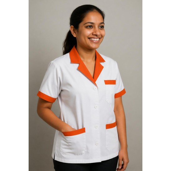Hangerage White Staff Apron | Unisex_3-Pocket Apron | Half Sleeves | V Neck | style with orange collar | Comfortable | Durable | Uniform for Medical Professionals (Staff & Nursing)