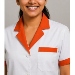 Hangerage White Staff Apron | Unisex_3-Pocket Apron | Half Sleeves | V Neck | style with orange collar | Comfortable | Durable | Uniform for Medical Professionals (Staff & Nursing)