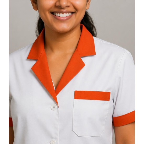 Hangerage White Staff Apron | Unisex_3-Pocket Apron | Half Sleeves | V Neck | style with orange collar | Comfortable | Durable | Uniform for Medical Professionals (Staff & Nursing)