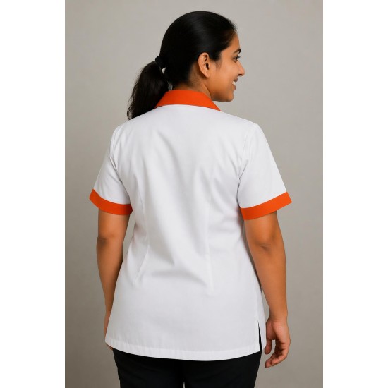 Hangerage White Staff Apron | Unisex_3-Pocket Apron | Half Sleeves | V Neck | style with orange collar | Comfortable | Durable | Uniform for Medical Professionals (Staff & Nursing)