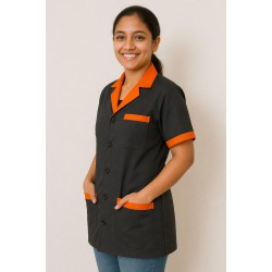 Hangerage Black Staff Apron | Unisex_3-Pocket Apron | Half Sleeves | V Neck | style with Orange collar | Comfortable | Durable | Uniform for Medical Professionals (Staff & Nursing)