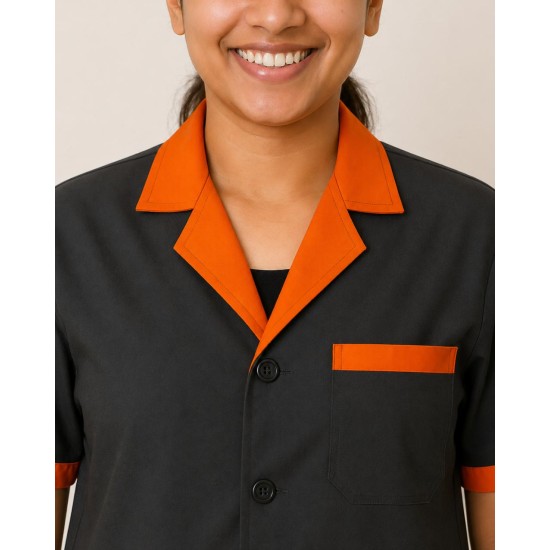 Hangerage Black Staff Apron | Unisex_3-Pocket Apron | Half Sleeves | V Neck | style with Orange collar | Comfortable | Durable | Uniform for Medical Professionals (Staff & Nursing)