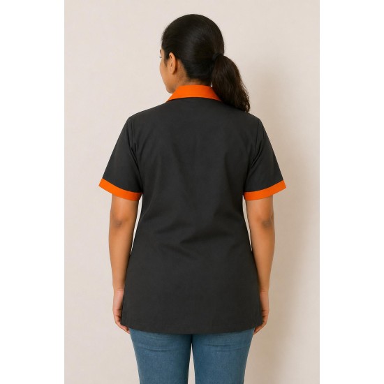 Hangerage Black Staff Apron | Unisex_3-Pocket Apron | Half Sleeves | V Neck | style with Orange collar | Comfortable | Durable | Uniform for Medical Professionals (Staff & Nursing)