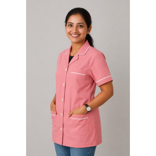 Hangerage Pink Staff Apron | Unisex_3-Pocket Apron | Half Sleeves | V Neck | style with White Pipine | Comfortable | Durable | Uniform for Medical Professionals (Staff & Nursing)
