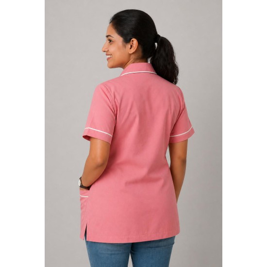 Hangerage Pink Staff Apron | Unisex_3-Pocket Apron | Half Sleeves | V Neck | style with White Pipine | Comfortable | Durable | Uniform for Medical Professionals (Staff & Nursing)