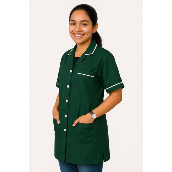 Hangerage Bottle Green Staff Apron | Unisex_3-Pocket Apron | Half Sleeves | V Neck | style with White Pipine | Comfortable | Durable | Uniform for Medical Professionals (Staff & Nursing)