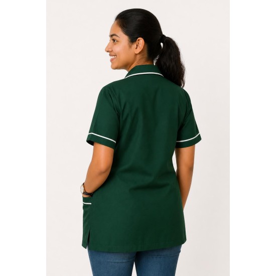 Hangerage Bottle Green Staff Apron | Unisex_3-Pocket Apron | Half Sleeves | V Neck | style with White Pipine | Comfortable | Durable | Uniform for Medical Professionals (Staff & Nursing)