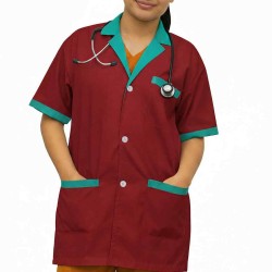 Hangerage Maroon Staff Apron | Unisex_3-Pocket Apron | Half Sleeves | V Neck | style with Green collar | Comfortable | Durable | Uniform for Medical Professionals (Staff & Nursing)