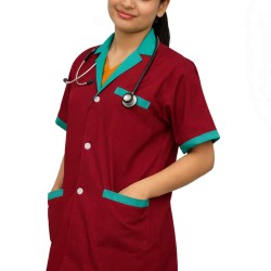 Hangerage Maroon Staff Apron | Unisex_3-Pocket Apron | Half Sleeves | V Neck | style with Green collar | Comfortable | Durable | Uniform for Medical Professionals (Staff & Nursing)