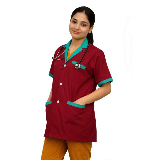 Hangerage Maroon Staff Apron | Unisex_3-Pocket Apron | Half Sleeves | V Neck | style with Green collar | Comfortable | Durable | Uniform for Medical Professionals (Staff & Nursing)