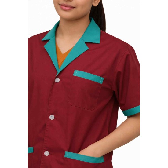 Hangerage Maroon Staff Apron | Unisex_3-Pocket Apron | Half Sleeves | V Neck | style with Green collar | Comfortable | Durable | Uniform for Medical Professionals (Staff & Nursing)