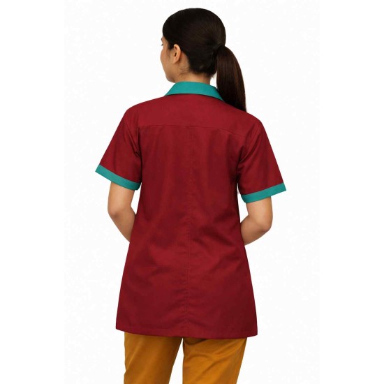 Hangerage Maroon Staff Apron | Unisex_3-Pocket Apron | Half Sleeves | V Neck | style with Green collar | Comfortable | Durable | Uniform for Medical Professionals (Staff & Nursing)