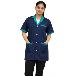 Hangerage Navy Blue Staff Apron | Unisex_3-Pocket Apron | Half Sleeves | V Neck | style with Green collar | Comfortable | Durable | Uniform for Medical Professionals (Staff & Nursing)
