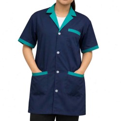 Hangerage Navy Blue Staff Apron | Unisex_3-Pocket Apron | Half Sleeves | V Neck | style with Green collar | Comfortable | Durable | Uniform for Medical Professionals (Staff & Nursing)