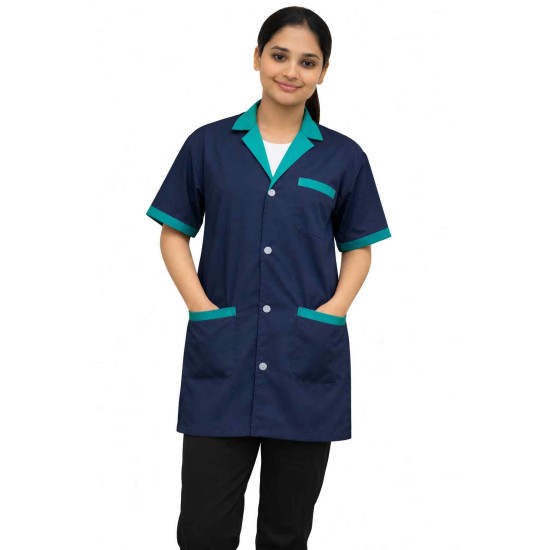 Hangerage Navy Blue Staff Apron | Unisex_3-Pocket Apron | Half Sleeves | V Neck | style with Green collar | Comfortable | Durable | Uniform for Medical Professionals (Staff & Nursing)