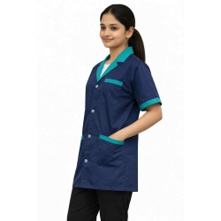Hangerage Navy Blue Staff Apron | Unisex_3-Pocket Apron | Half Sleeves | V Neck | style with Green collar | Comfortable | Durable | Uniform for Medical Professionals (Staff & Nursing)