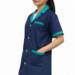 Hangerage Navy Blue Staff Apron | Unisex_3-Pocket Apron | Half Sleeves | V Neck | style with Green collar | Comfortable | Durable | Uniform for Medical Professionals (Staff & Nursing)