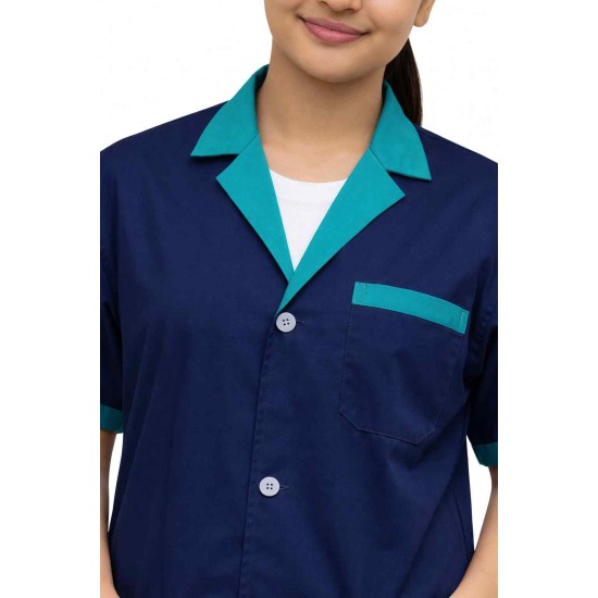 Hangerage Navy Blue Staff Apron | Unisex_3-Pocket Apron | Half Sleeves | V Neck | style with Green collar | Comfortable | Durable | Uniform for Medical Professionals (Staff & Nursing)