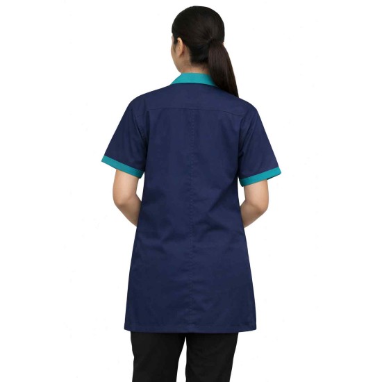 Hangerage Navy Blue Staff Apron | Unisex_3-Pocket Apron | Half Sleeves | V Neck | style with Green collar | Comfortable | Durable | Uniform for Medical Professionals (Staff & Nursing)