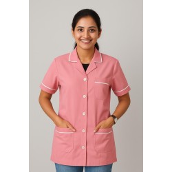 Hangerage Pink Staff Apron | Unisex_3-Pocket Apron | Half Sleeves | V Neck | style with White Pipine | Comfortable | Durable | Uniform for Medical Professionals (Staff & Nursing)
