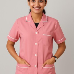 Hangerage Pink Staff Apron | Unisex_3-Pocket Apron | Half Sleeves | V Neck | style with White Pipine | Comfortable | Durable | Uniform for Medical Professionals (Staff & Nursing)
