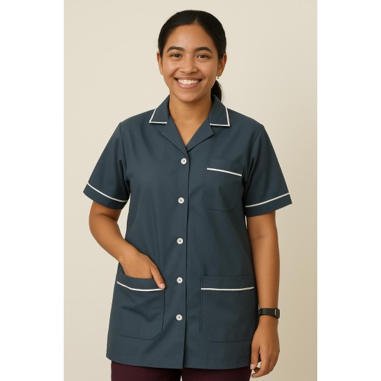 Hangerage Grey Staff Apron | Unisex_3-Pocket Apron | Half Sleeves | V Neck | style with White Pipine | Comfortable | Durable | Uniform for Medical Professionals (Staff & Nursing)
