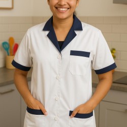 Hangerage White Staff Apron | Unisex_3-Pocket Apron | Half Sleeves | V Neck | style with Navy Blue collar | Comfortable | Durable | Uniform for Medical Professionals (Staff & Nursing)