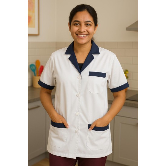 Hangerage White Staff Apron | Unisex_3-Pocket Apron | Half Sleeves | V Neck | style with Navy Blue collar | Comfortable | Durable | Uniform for Medical Professionals (Staff & Nursing)