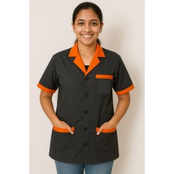 Hangerage Black Staff Apron | Unisex_3-Pocket Apron | Half Sleeves | V Neck | style with Orange collar | Comfortable | Durable | Uniform for Medical Professionals (Staff & Nursing)