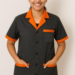 Hangerage Black Staff Apron | Unisex_3-Pocket Apron | Half Sleeves | V Neck | style with Orange collar | Comfortable | Durable | Uniform for Medical Professionals (Staff & Nursing)
